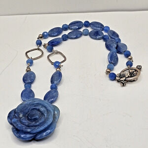 Vintage Aqua Quartz Silver Tone Statement Necklace w Blue Rose Pendant READ